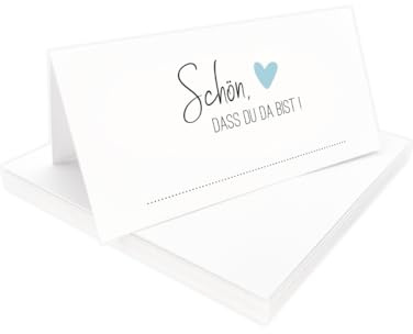 Tischkarten Schön, dass du da bist weiß mit Herz | Farbe wählbar | 25, 50, 100 Stück | selbst beschriften | Namensschilder, Platzkarten | für Hochzeit, Geburtstag uvm (Blau, 25)