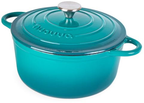 Nuovva Enamelled Cast Iron Dutch Oven Pot with Lid – 5 Quart Casserole Dish – Ceramic Dutch Oven for Bread Baking, Roasting, Braising & Stews – Oven Safe up to 500°F – 24cm Teal