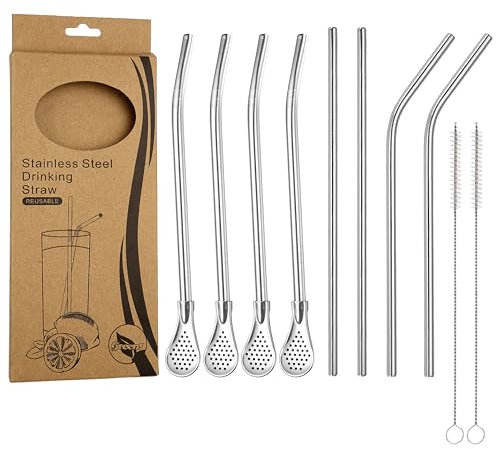 10 PCS Reusable Stainless Steel Straws Drinking, 4 Straw Filter Spoons, 2 Straight 2 Bent Straws and 2 Cleaners, for Filter Sediment, Loose Leaf Tea, Coffee, Cocktail, Milkshake, Cold/Hot Drinks