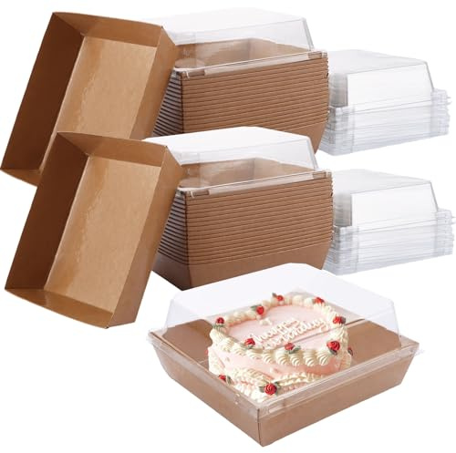 AHAQU 100PCS Cake Slice Boxes, 12cm Small Cake Boxes with Clear Lids, Square Disposable Food Containers Takeaway Boxes for Cupcake, Sandwich, Dessert, Cookie, Bakery- Brown