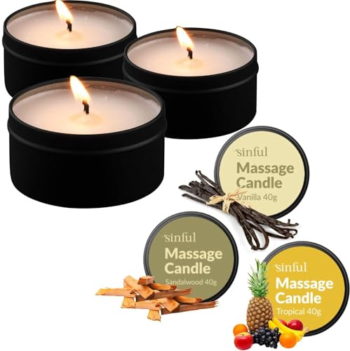 Sinful Coffret de Bougies de Massage Intimes – 3 x 40 g – Vanille, Tropical & Bois de Santal – Bougies Parfumées qui se Transforment en Huile de Massage – Pour Couples & Soirées Romantiques