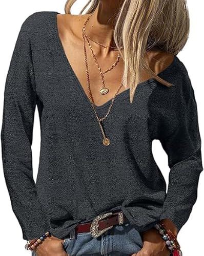 Fisoew Långärmad damtröja sexiga toppar med V-ringning överdimensionerad basic lång skjorta lös enfärgad långärmad t-shirt, svart, M