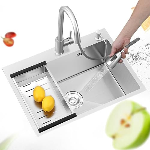 Lavello da Cucina in Acciaio Inossidabile Lavello A Vasca Singola con Set di Scarico Lavandino a Incasso Montaggio Sottopiano, Lavabo Rettangolare per sottopiano grande