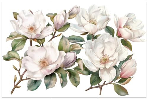 OLYCRAFT 3 Stück/Set Weiße Magnolien Transferfolien Zum Aufreiben Für Kunsthandwerk Und Möbel 15x30cm Große Magnolienblüten Transferaufkleber Pflanzenmotiv Wandkunst Aufkleber