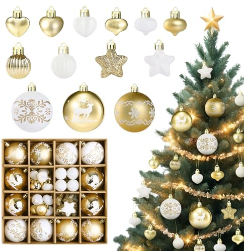 Kesote 52 Piezas Adornos Colgantes de Navidad Bolas para Árbol de Navidad con Cuerdas Decoración Navideña, Blanco y Dorado