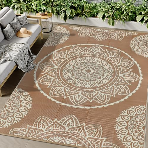 Famibay Outdoor Teppich Wetterfest 270x365cm Reversible Camping Teppich Outdoor Wasserfest Beige Braun Kunststoff Wendbar Leicht Outdoorteppich für Terrasse Garten Balkon Camping Innen Außen
