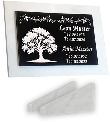 Generisch Grabstein Granit auf weißem Marmor mit Stützen 40x30cm Gravur Wunschtext+Inschrift+Versiegelung Grabplatte Urnengrabstein Motiv Baum SB23