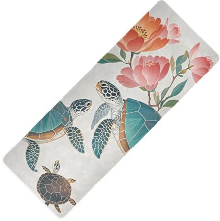 Yogamatte, Motiv: grüne Schildkröte, rote Blumen, ungiftig, chemikalienfrei, rutschfest, mit Yogamatten-Tasche, 180,3 x 66 cm