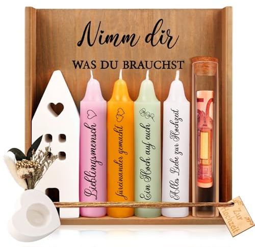 TUZELIYA Hochzeitsgeschenk - Kerzenset mit Kerzenständer - Kerzen Deko Geschenkidee - Nimm dir was du brauchst - Geschenke für Frauen, Freundin & Schwester(rosa, gelb, grün, weiß)