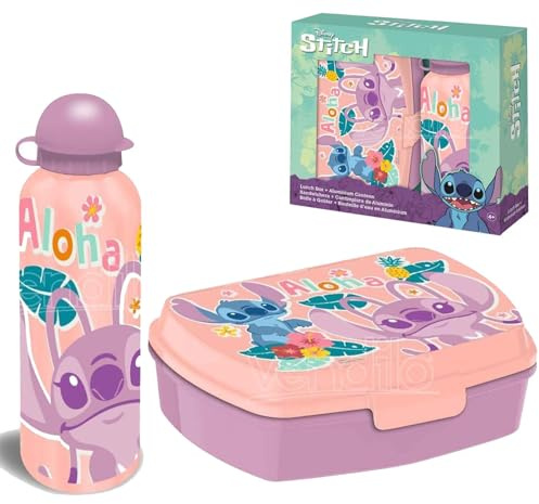 SRV Hub Disney Stitch Boîte à déjeuner pour enfants & bouteille d'eau en aluminium de 500 ml, sans BPA, étanche, légère, réutilisable, idéale pour l'école, les voyages, les pique-niques, le camping