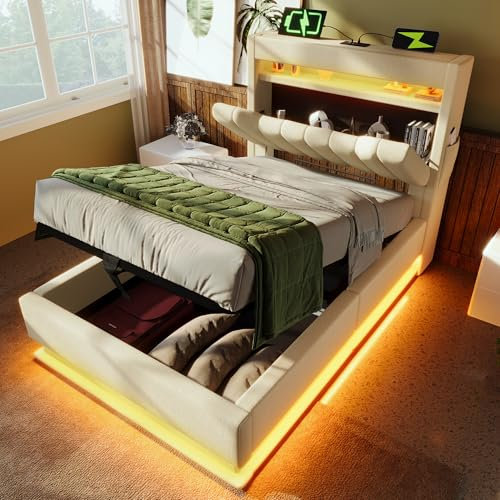 KEYIDE Polsterbett 90x200, LED Einzelbett Hydraulisch Stauraumbett Funktionsbett Bettgestell mit Stauraum&Lattenrost, Kopfteil mit USB Typ-C Ladefunktion&Staufach, Leinen (Beige, 90x200cm)