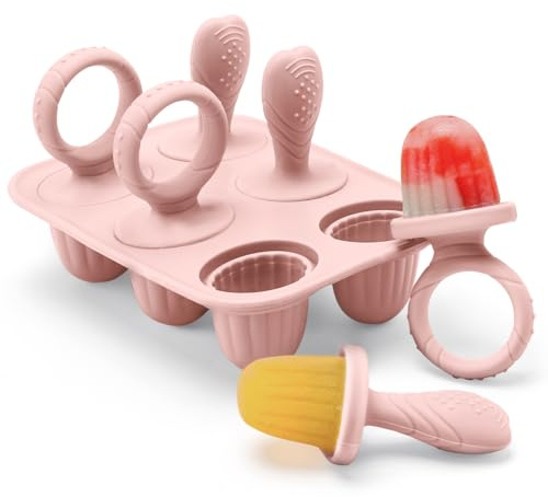6 Mini Moule à Glace Bébé Réutilisable, 6 Pochons en Silicome Alimentaire Sans BPA, Moules à Popsicle Enfant avec Bâtonnets, Compatible Lave-vaisselle, pour Popsicles, Crèmes Glacées, Sorbets (Rose)