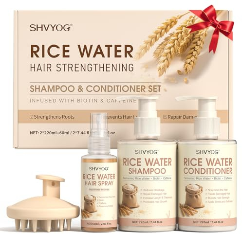 Shampoing et Après-Shampooing à L'eau de Riz, Enrichi en Biotine et en Caféine, Spray à L'eau de Riz pour la Croissance des Cheveux, Renforçant les Cheveux, Cadeau pour Hommes Femmes, 220ml*2+60ml