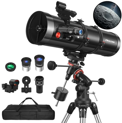 MEEZAA Telescopio riflettore newtoniano 150EQ per adulti principianti astronomici, telescopi astronomici professionali con supporto equatoriale, adattatore per telefono, treppiede, filtro lunare e