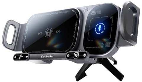 Supporto per telefono 2 in 1 con rotazione automatica, 15 W, wireless, per auto, con schermo pieghevole ad alta capacità intelligente, ricarica wireless, 155 mm x 70 mm x 80 mm