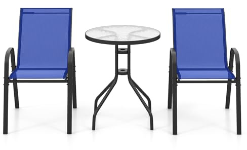 GIANTEX Conjunto de Muebles de Jardín 3 Piezas, 2 Sillas de Tejido Transpirable y 1 Mesa de Café con Tablero de Vidrio, Sillas Apilables, Marco de Metal, Juego de Bistró para Patio, Balcón (Azul)