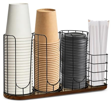 HOMIEE Cup and Lid Holder 4 Compartment, Durable Cup Holder Lid Dispenser | Anti Slip Cup Storage Organizer Straw Organizer for Countertop Coffee Station Bar Breakroom Coffee Shop Office Restaurant