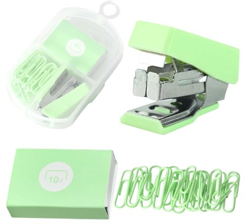 Mini 10# Hefter-Set mit 400 Heftklammern & 20 Büroklammern – Kompakter Reise-Hefter für Kinder, Schule, Büro – Klein, Leicht & Tragbar (Mintgrün)