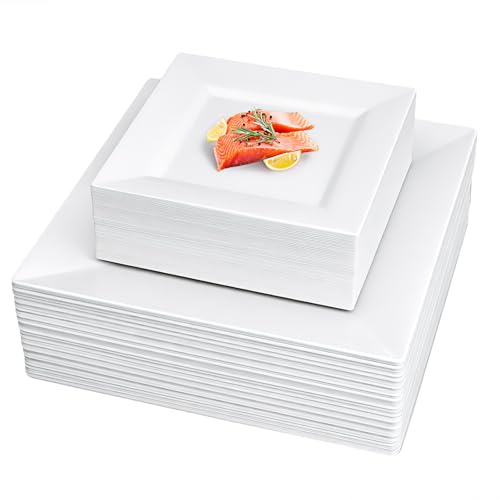 100 Pcs Plastic Square Dinner Plates Bulk, 17 cm & 24 cm White Party Plates | Reusable Heavy Duty Dessert Serving Plate for Wedding Catering Birthday Party Camping Picnics BBQ