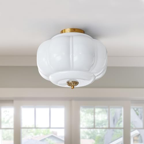 Milk Glass Ceiling Light Fixture with 3CCT LED Bulbs Included, 15 Inch Farmhouse Brass Semi Flush Mount Ceiling Light, Vintage Green Glass Pendant Light for Kitchen, Hallway, Bedroom, Dining Room
