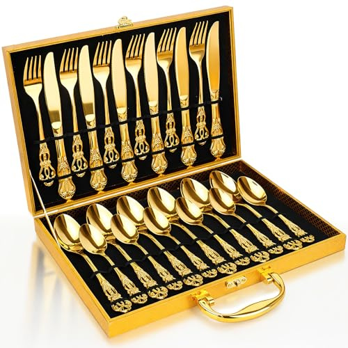 24 Piece Gold Flatware Set with Storage Case, Premium Stainless Steel Cutlery Service for 6, Includes Forks, Knives & Spoons, Dishwasher Safe Tableware for Gifting & Dinner Parties