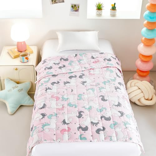 Sleepymoon Baumwolltherapie Decke zum Stress- und Angstabbau in Pink mit Einhorn-Muster (Baumwolle Einhorn, 100 * 150cm-2kg)