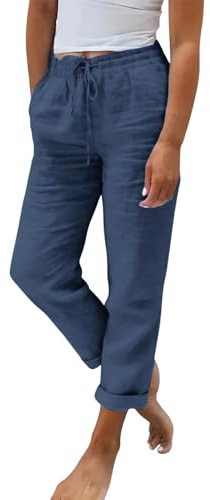 riou Pantalones Mujer Verano Frescos Ligeros Anchos Moda Lino Y Algodón Cintura Alta Pierna Recta Pantalones Vintage Transpirable Pantalón De Chándal Pantalón Largo De Playa