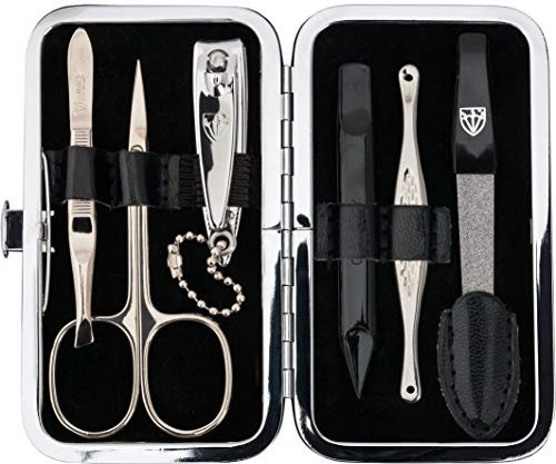 DREI SCHWERTER - Germany 6-tlg. Maniküre Set 'Catania' Nagelset mit Hautschere, Nagelknipser, Pinzette, Saphirnagelfeile, Glasnagelfeile, Nagelreiniger im Rahmenetui - schwarz