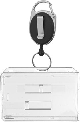 Karteo® Ausweishülle mit Ausweisjojo schwarz incl. Clip und Schlüsselring | Kartenhalter mit Ausweis Jojo inkl. Karabinerhaken | Ausweishalter für zwei Karten | Hülle horizontal aus Polycarconat