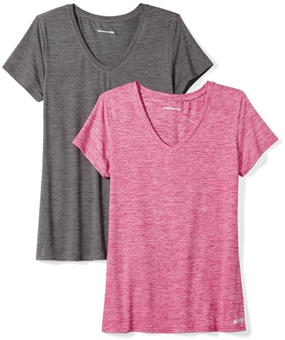 Amazon Essentials T-shirt Stretch et Quick Dry, Col en V et Manches Courtes (Disponible en Grande Taille) Femme, Lot de 2, Charbon Chiné Teinture Spatiale/Rouge Framboise Teinture Spatiale, L