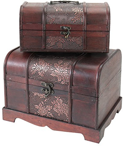HMF Schatztruhe aus Holz, kleine Schatzkiste mit Vintage Metallverschluss für Kindergeburtstag, Hochzeit oder Jubiläum | 2er Set, 25 + 30 cm | Japan