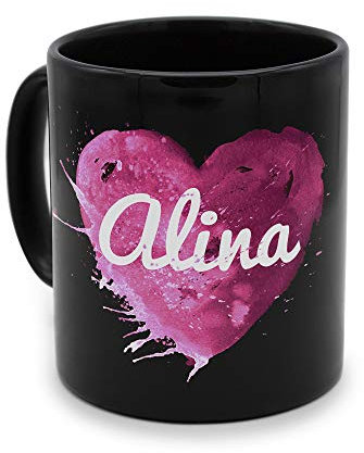printplanet - Tasse Schwarz mit Namen Alina - Motiv: Painted Heart - Namenstasse, Kaffeebecher, Mug, Becher, Kaffeetasse