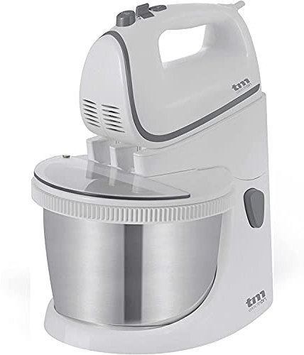 TM Electron TMPBA114 batidora amasadora para repostería de 450 w con bol 2.5l de acero inoxidable, ganchos para amasar, varillas y tapa antisalpicadura transparente