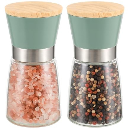 VUCCHINI Salt and Pepper Grinder Set Bamboo Lid- Adjustable Coarse Salt and Pepper Mills - Refillable Ceramic Burr Kitchen Gift Manual Spice Grinder Green