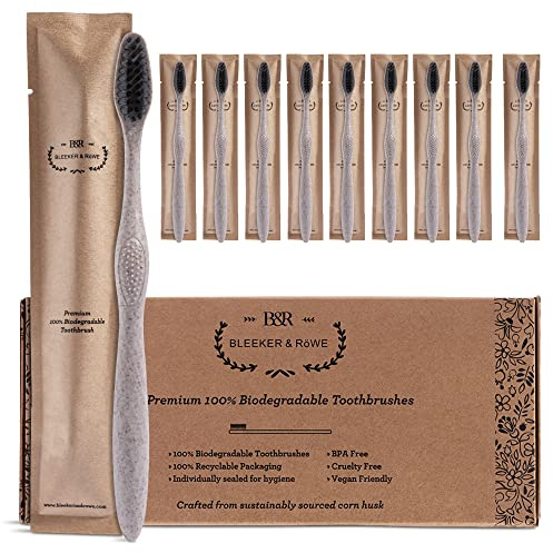 Bleeker and Rowe Biodegradable Eco-Friendly Toothbrushes - Individually Sealed - BPA Free Soft Bristles - Sustainable - Recycled Packaging (Pack of 10)