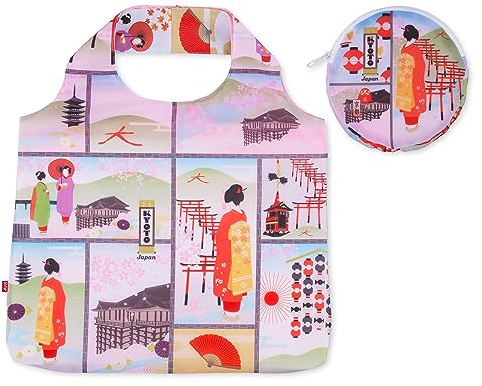 Japanische wiederverwendbare Einkaufstasche (Japonorama), Einkaufstasche, große Kapazität, faltbar, kompakt, mit Aufbewahrungstasche, bunte Tasche, Kyoto, Einheitsgröße