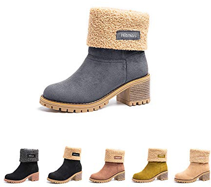 Winterstiefel Damen Stiefel Mit Absatz Stiefeletten Warme Gefüttert Winterboots Schlüpfen Frauen Boots Wildleder Elegant Grau EU 38