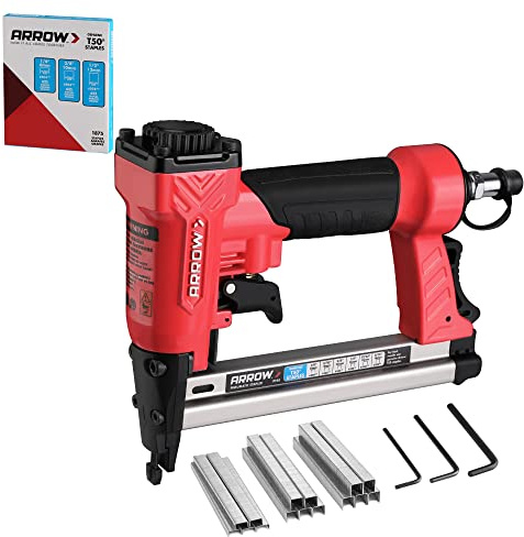 Arrow Pneumatic Staple Gun, Oil-Free Upholstery Stapler with 3750 Pieces T50 1/4, 3/8, 1/2 Staples, Adjustable Exhaust, for Woodworking, Professional and DIY Projects, PT50