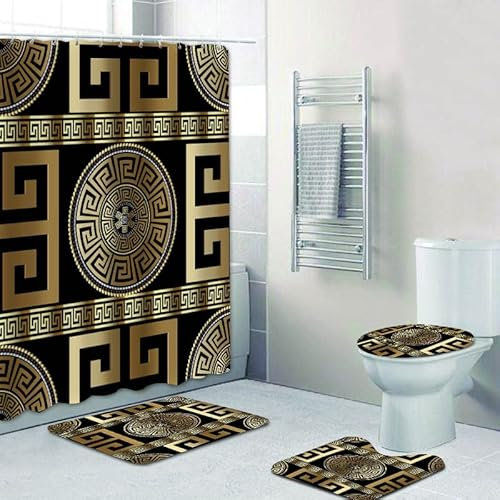 ZGDPBYF Juego de 4 piezas de baño geométrico negro dorado griego Key Meander ​​Juego de cortinas de ducha antideslizante alfombra de baño para decorac