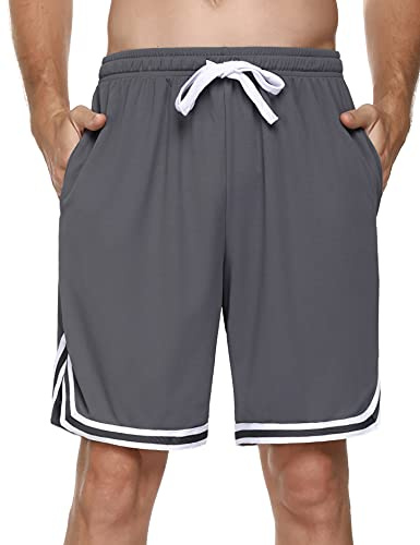 Litherday Shorts för män, sportshorts, korta byxor, ränder, joggingbyxor, sommar, träningsbyxor med fickor, elastisk linning och ventilerande shorts för fitness, löpning, gym, basket, A-mörkgrå, XXL