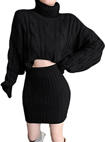 Winter Strickset Frauen Dicke Casual Oversize Rollkragen Pullover Crop Top + Hohe Taille Sexy Bodycon Rock Zweiteiliges Set, Schwarz , One size