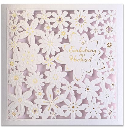ART NUVO HOCHZEITSEINLADUNGEN - 20 St. 135x135mm, MIT BEDRUCKBAREN EINLAGEN UND UMSCHLÄGEN FÜR HOCHZEIT – LASERGESCHNITTEN, MIT GOLDFOLIE VEREDELT. GEPRESSTES MUSTER AUF METALLICKPAPIER