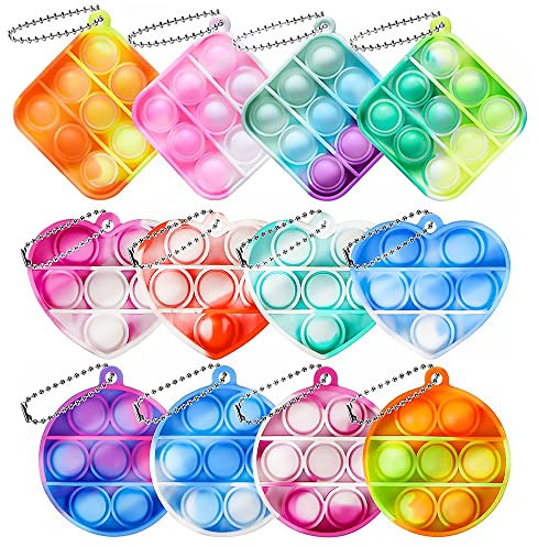 Mini Push Pop Fidget Spielzeug, 12 Stück bunter Silikon-Fidget-Schlüsselanhänger Zappeln Sie Squeeze Pop Bubble Fidget Sensory Toys Stressabbau Spielzeug Bubble Schlüsselanhänger
