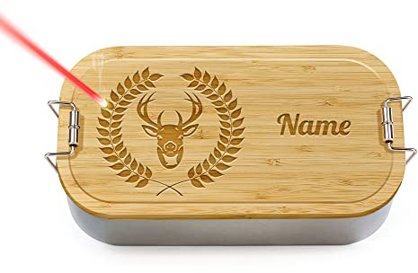 Print Royal PR Brotdose mit Gravur selbst gestalten - mit Name personalisieren, Motiv Geweih - Geschenke für die Jagd, Jäger, Waidmann, Outdoor - Lunchbox, Holzdeckel, BPA-frei, 600 ml