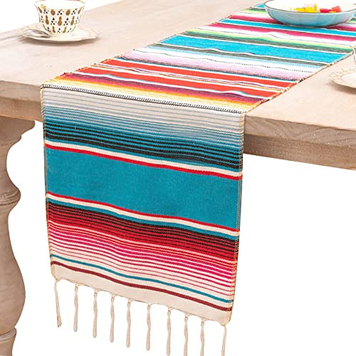 Runner da tavola 35 × 275 cm Coperta messicana Strisce arcobaleno lucide Tessuto Runner Tovaglia di cotone con frange per matrimoni, festival, feste, decorazioni da tavola