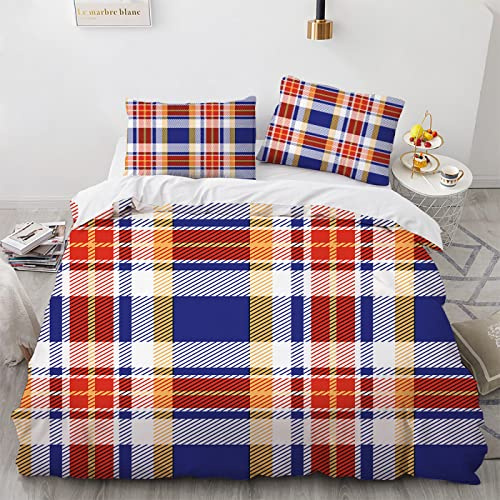 YURKO Polyester Coton Housse De Couette 220X155 A Carreaux Plaid Pas De Repassage Parure Housse De Couette 155X220Cm avec 2 Taies d'oreiller 65X65Cm
