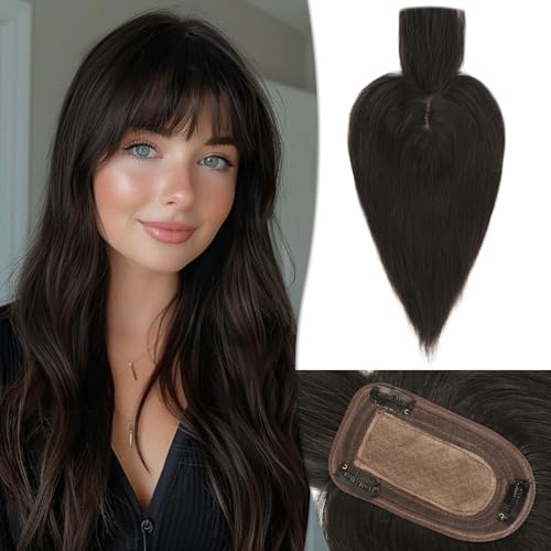 RUWISS Coiffeuse en cheveux humains avec franges Coiffeuse à couronne Postiches pour femmes perruque courte 7.5 * 13CM Base en soie 100% de vrais cheveux humains Clip in Topper 35cm 45g（Naturel Noir）