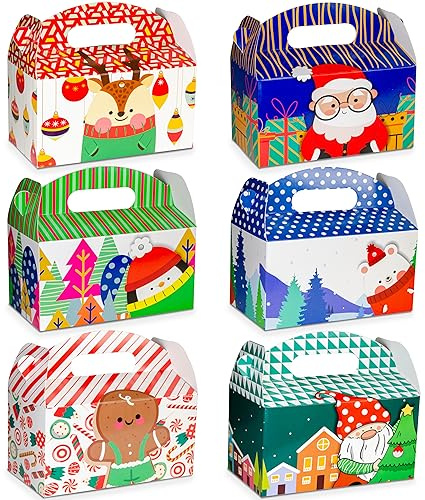 24 Christmas Treat Boxes, Xmas Cardboard Present Candy Cookie Boxes with Handles, Holiday Party Favor Supplies,6 Colourful Designs