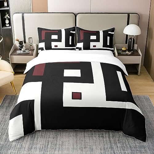 Funda nórdica cuadrada geométrica 100% algodón, juego de cama de 220 x 240 cm, color negro, blanco rojo, funda nórdica cuadrilada geométrica para dormitorio, conjunto de ropa de cama gráfica moderna