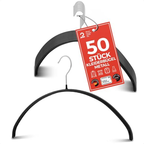 MAWA Kleiderbügel, Set mit 50 hochwertigen, platzsparenden, rutschfesten Kleiderbügeln, ideal für T-Shirts und Pullover, mit 360° drehbarem Haken und Rutschfester Beschichtung, 40 cm, Schwarz